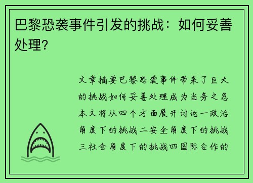 巴黎恐袭事件引发的挑战：如何妥善处理？